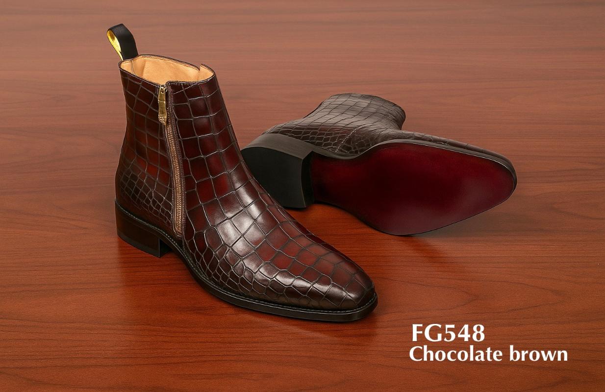 Bottes FG548 à fermeture éclair en croco marron chocolat